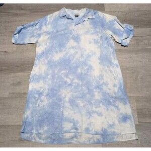 Jack & Jo 100% Linen Shirt Dress Sky Clouds Tie Dye XL Short Sleeve Blue White